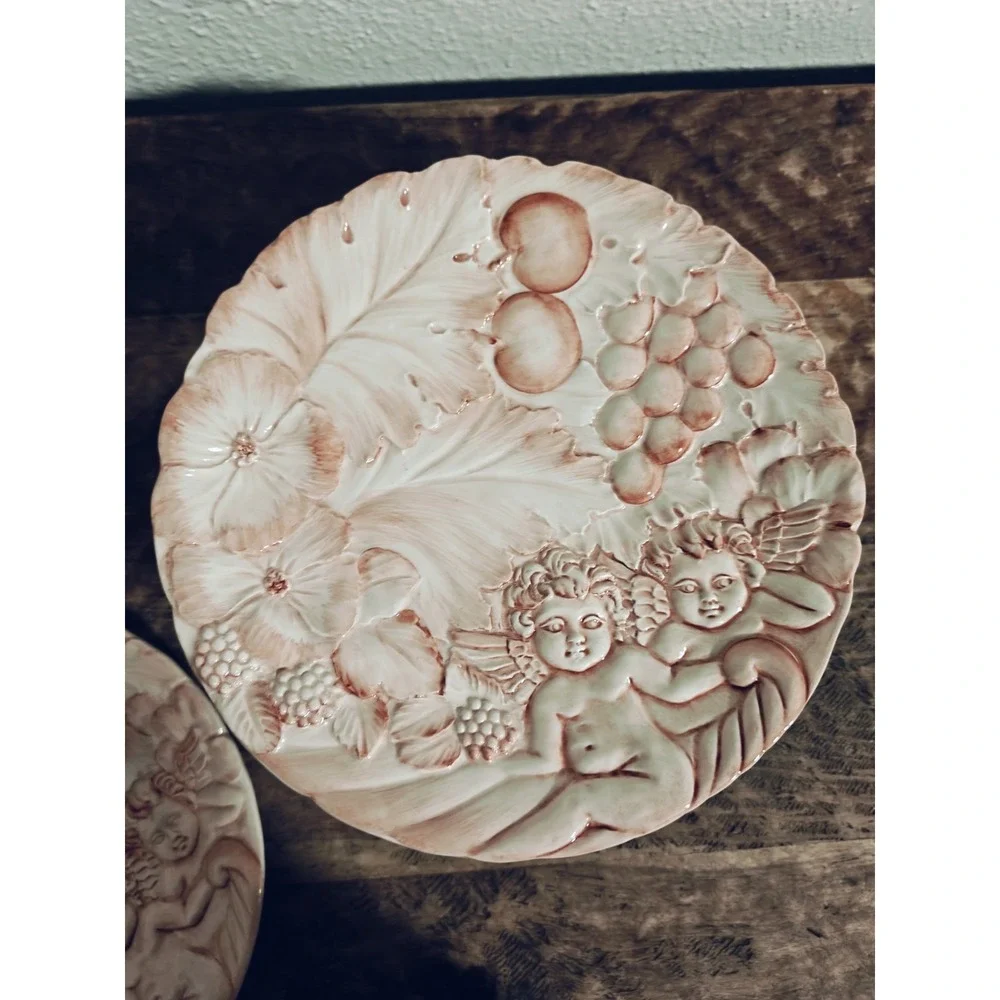 Horchow Cherub Pink and‎ White Decorative Ceramic Plates Set Of 8 EUC